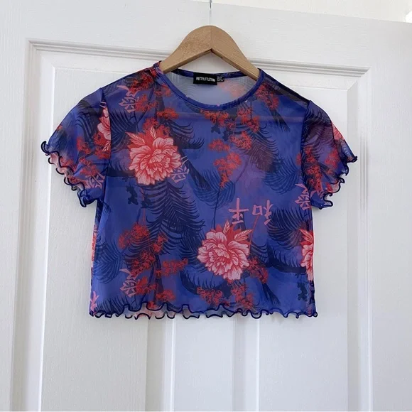 Pretty Little Thing Mesh Oriental Crop Top, Size 8 - Picture 2 of 6